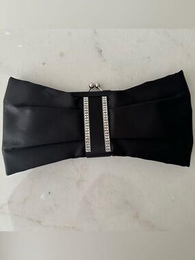 Kate Landry Black Satin Mini Clutch with Rhinestone Accent with strap